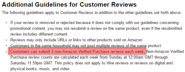 Amazon buyers can only submit five non verified reviews per week